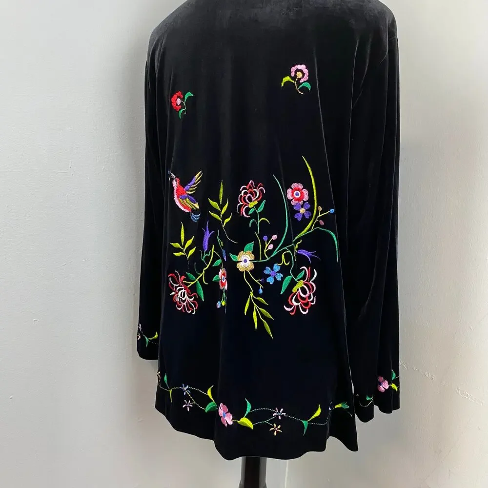 Susan Graver Black Velour Floral Embroidered Button Down Top Kimono Jacket Small - Picture 8 of 10